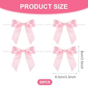 50pcs 3.5" Small Pink Bow Twist Tie Bows Mini Bows Wedding Favor Ribbon Bows for Cookie Candy Bagging Baby Shower Halloween Thanksgiving