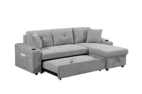 Eafurn L-Shaped Convertible Sleeper Sectional Sofa Couch Bed w/Chaise Lounge & Cup Holders, Reversible Corner Couch w/Pull Out Bed& Storage, 4 Seater Tufted Pullout Sofabed for Living Room Office