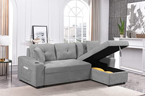 Eafurn L-Shaped Convertible Sleeper Sectional Sofa Couch Bed w/Chaise Lounge & Cup Holders, Reversible Corner Couch w/Pull Out Bed& Storage, 4 Seater Tufted Pullout Sofabed for Living Room Office