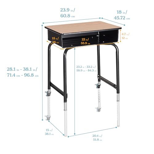 ECR4Kids Mobile Open Front Desk with Metal Storage Book Box, Adjustable Height Desk, Oak