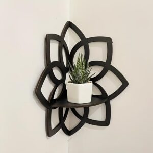 Bagmrteho Lotus Corner Shelves, Wooden Flowers Wall Corner Shelves Wooden Floating Shelves Crystal Display Shelf Boho Wall Corner Shelves for Home Offices (A)