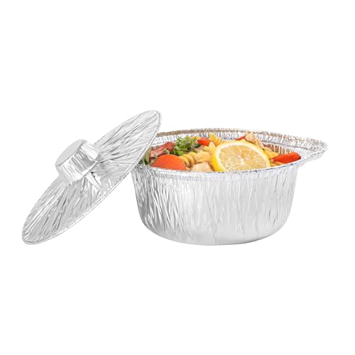 Foil Lux 34 Ounce Pans And Lids, 10 Disposable Pots With Lids - Oven-Ready, Stove Compatible, Aluminum Foil Baking Pans, Freezable, For Outdoor Camping, Vacation, Picnic, And More - Restaurantware