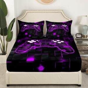 Erosebridal Gaming Twin Fitted Sheet for Boys Teens Game Bedding Set,Kids Gamer Bed Sheets Game Bedroom Decor,Glowing Neon Gamepad Sheets Geometric Bed Set with Deep Pocket,Purple 2Pcs