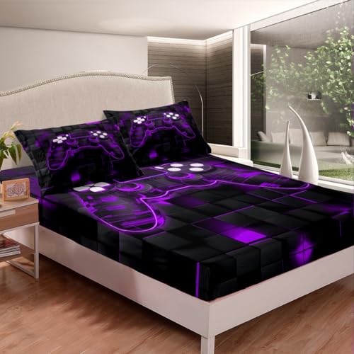 Erosebridal Gaming Twin Fitted Sheet for Boys Teens Game Bedding Set,Kids Gamer Bed Sheets Game Bedroom Decor,Glowing Neon Gamepad Sheets Geometric Bed Set with Deep Pocket,Purple 2Pcs