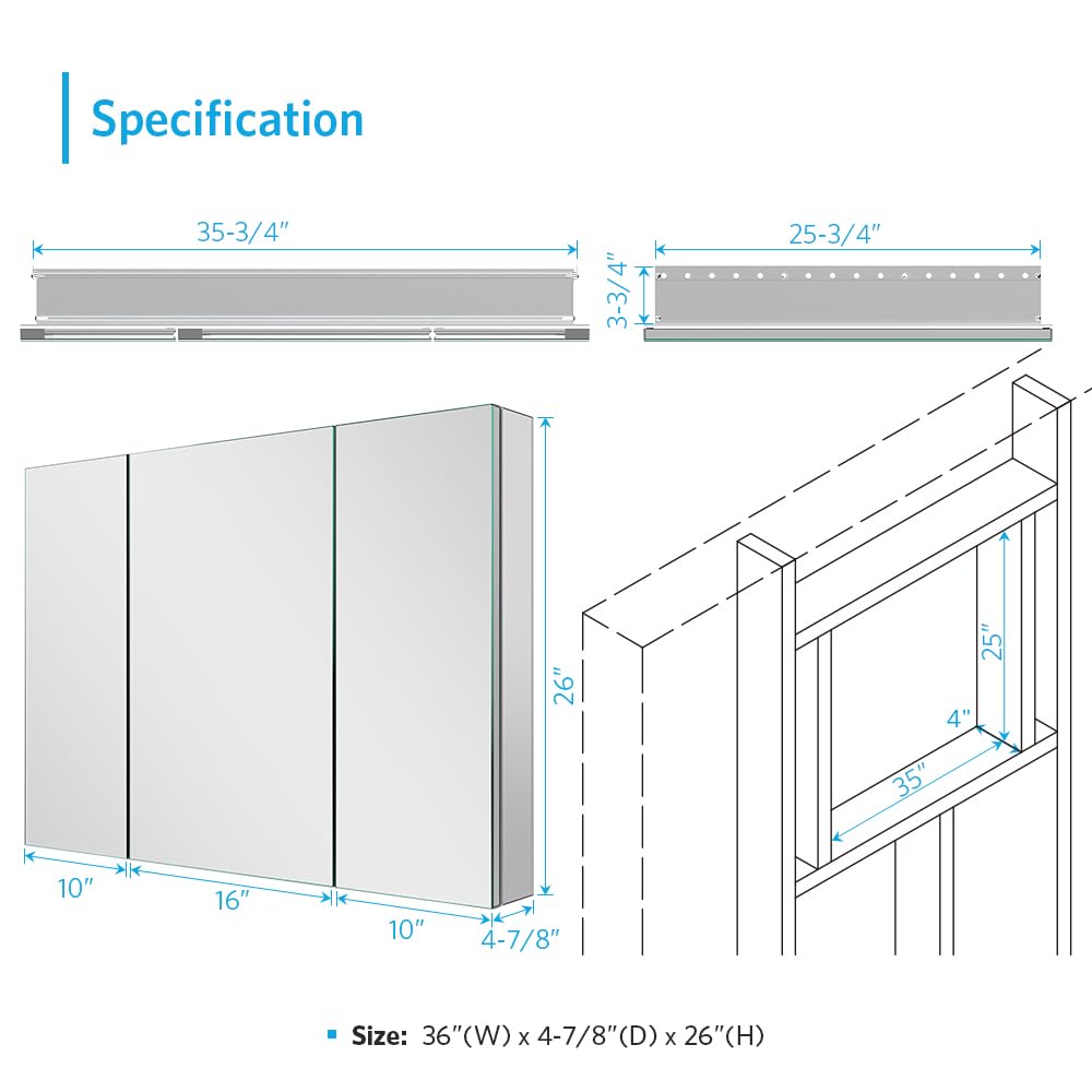 Quavikey Aluminum Medicine Cabinet with 3 Doors Recessed or Surface Mount Large Bathroom Mirror Cabinets 36x26 Inch, Silver