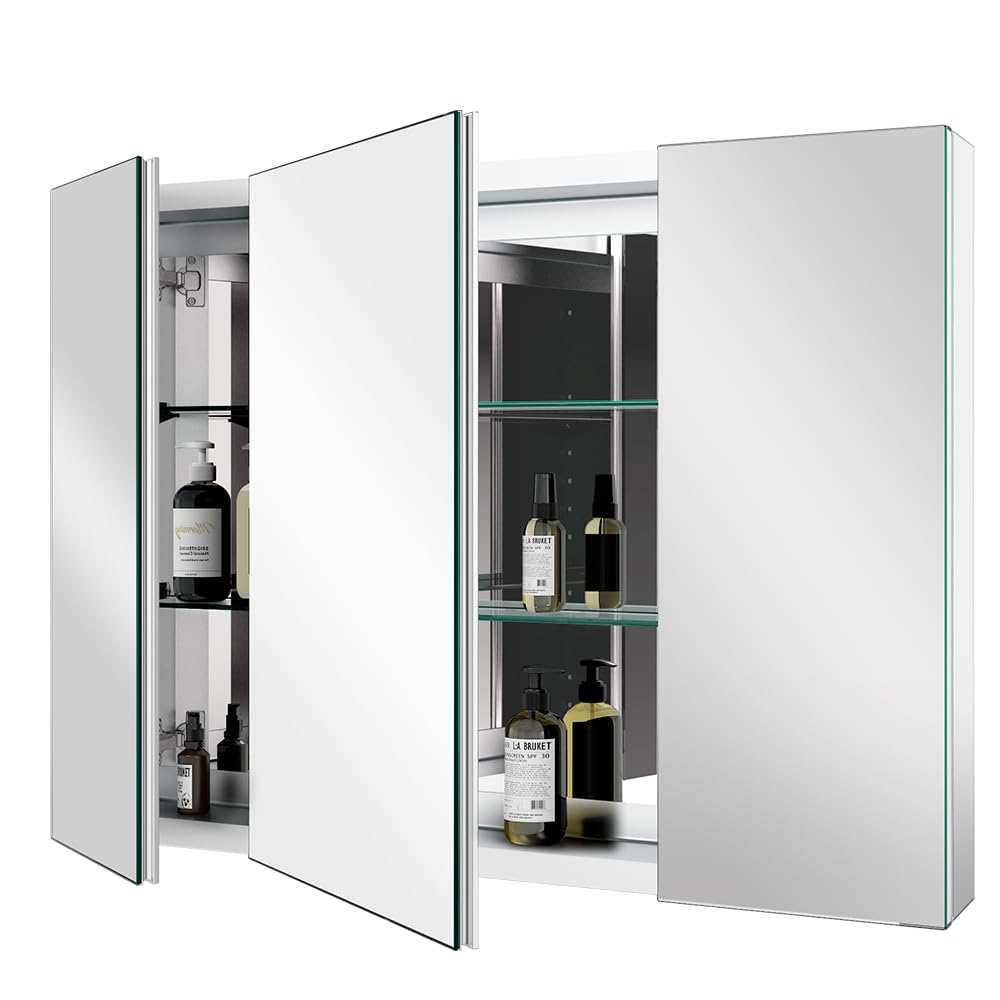 Quavikey Aluminum Medicine Cabinet with 3 Doors Recessed or Surface Mount Large Bathroom Mirror Cabinets 36x26 Inch, Silver