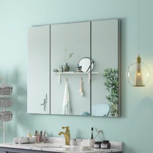 Quavikey Aluminum Medicine Cabinet with 3 Doors Recessed or Surface Mount Large Bathroom Mirror Cabinets 36x26 Inch, Silver