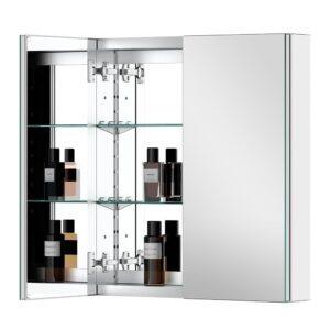 quavikey aluminum medicine cabinet with 2 doors recessed or surface mount bathroom mirror cabinets 24x26 inch, silver