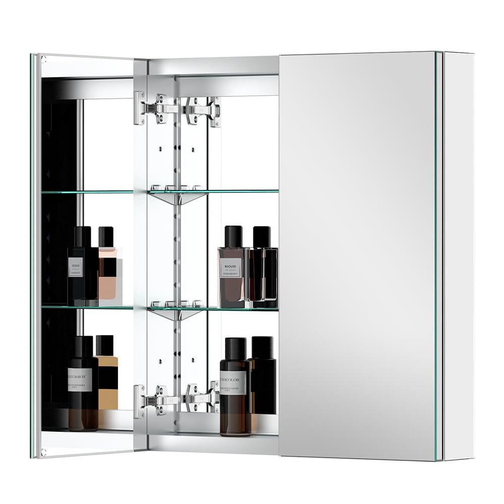 Quavikey Aluminum Medicine Cabinet with 2 Doors Recessed or Surface Mount Bathroom Mirror Cabinets 24x26 Inch, Silver