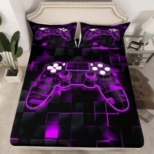 erosebridal gaming twin fitted sheet for boys teens game bedding set,kids gamer bed sheets game bedroom decor,glowing neon gamepad sheets geometric bed set with deep pocket,purple 2pcs