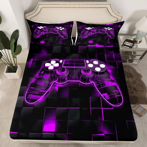 Erosebridal Gaming Twin Fitted Sheet for Boys Teens Game Bedding Set,Kids Gamer Bed Sheets Game Bedroom Decor,Glowing Neon Gamepad Sheets Geometric Bed Set with Deep Pocket,Purple 2Pcs