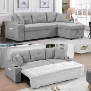 eafurn l-shaped convertible sleeper sectional sofa couch bed w/chaise lounge & cup holders, reversible corner couch w/pull out bed& storage, 4 seater tufted pullout sofabed for living room office