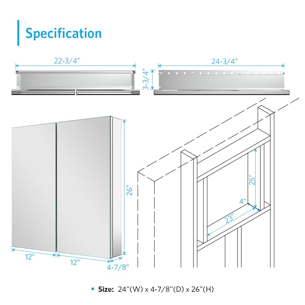 Quavikey Aluminum Medicine Cabinet with 2 Doors Recessed or Surface Mount Bathroom Mirror Cabinets 24x26 Inch, Silver