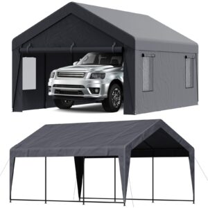 12x20ft carport heavy duty, upgraded portable garage with reinforced steel poles, large car canopy with removable sidewalls and ventilated windows, uv resistant all-season tarp for car, truck, boat