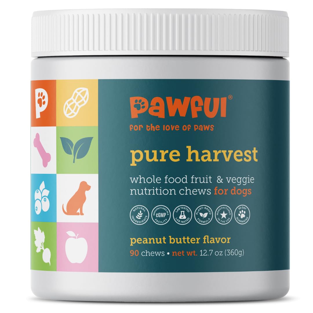 Pawful Pure Harvest - Healthy All Natural Dog Treats - Delicious Peanut Butter Flavor Chews - Made from 14+ Fruits & Veggies - Support Dog Health - No Synthetic Vitamins (90 Chews)