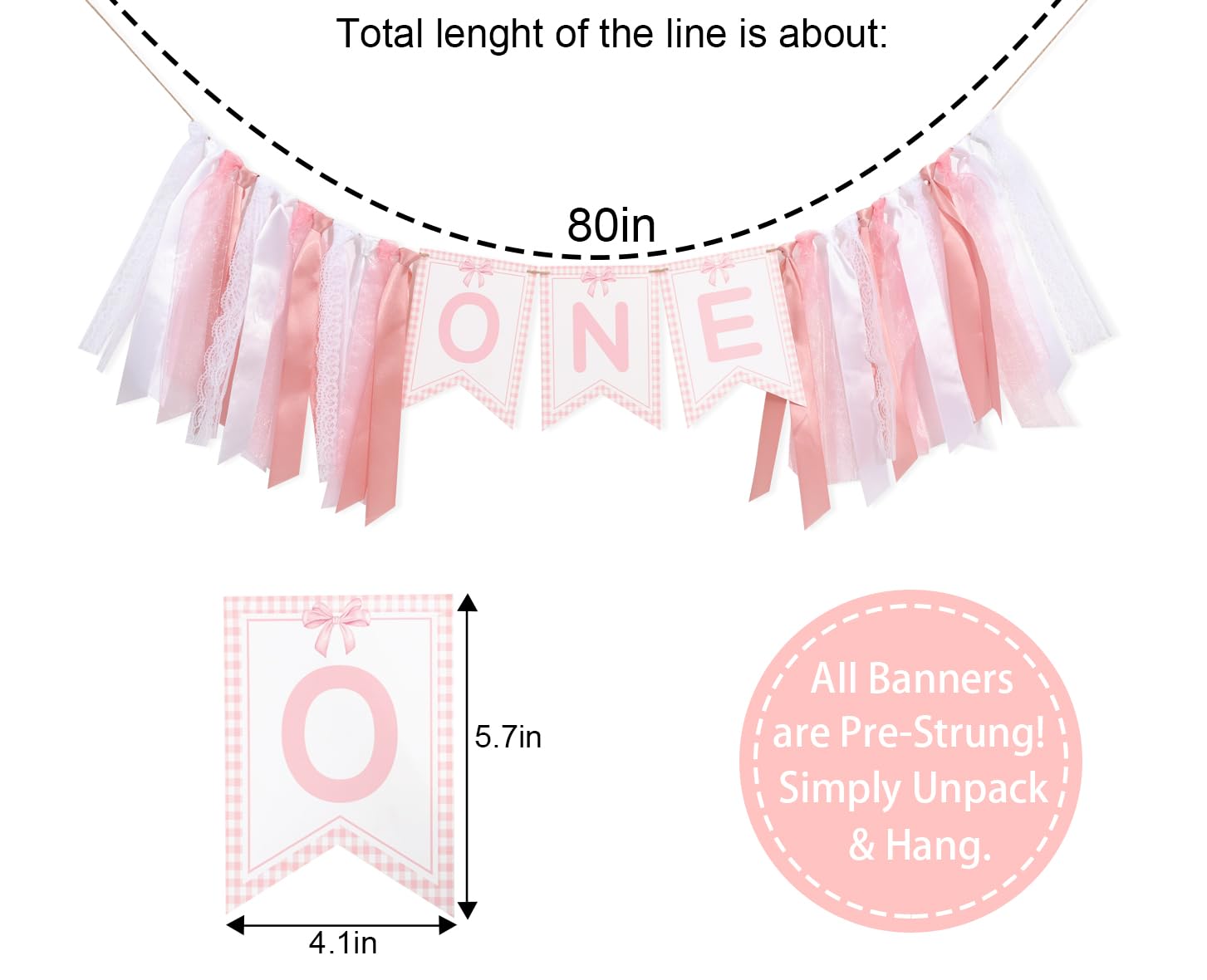 Pink Bow One High Chair Banner - One High Chair Bow Banner,Pink Bow Birthday Decoration,Pink Ribbon Girl 1st Birthday