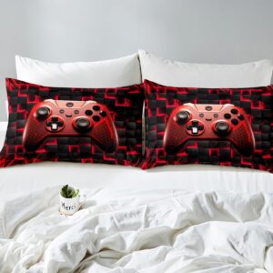 Geometric Gamepad Kids Duvet Cover Set Queen Size,Honeycomb Squares Grids Ombre Gamers Bedding Set,Boys Men Room Decor,Gaming Videogame Controller Comforter Cover,Red Quilt Cover,2 Pillowcases