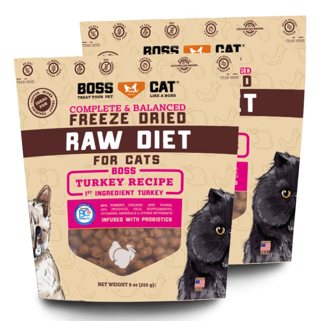 Boss Cat Complete & Balanced Freeze Dried Raw Diet for Cats, Turkey Recipe, 9 oz Bag (Bag of 2)