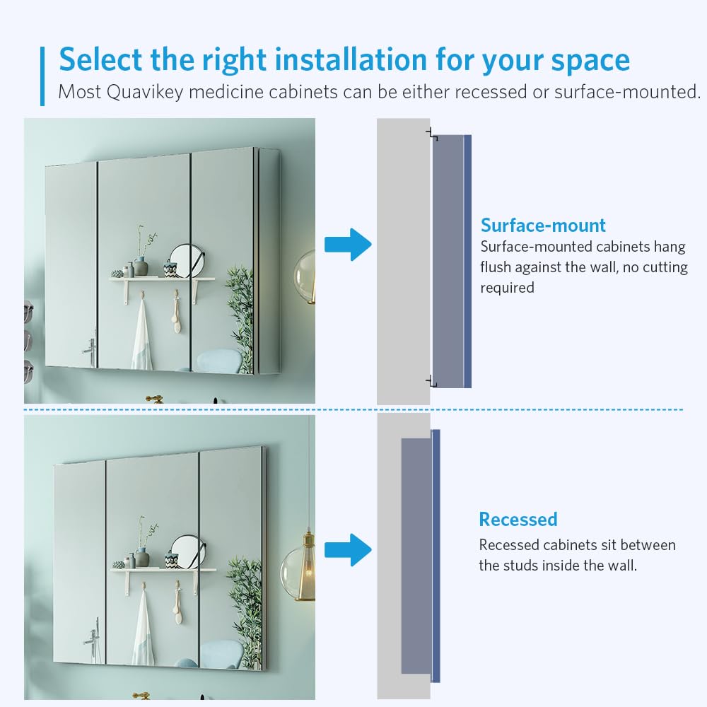 Quavikey Aluminum Medicine Cabinet with 3 Doors Recessed or Surface Mount Large Bathroom Mirror Cabinets 36x26 Inch, Silver