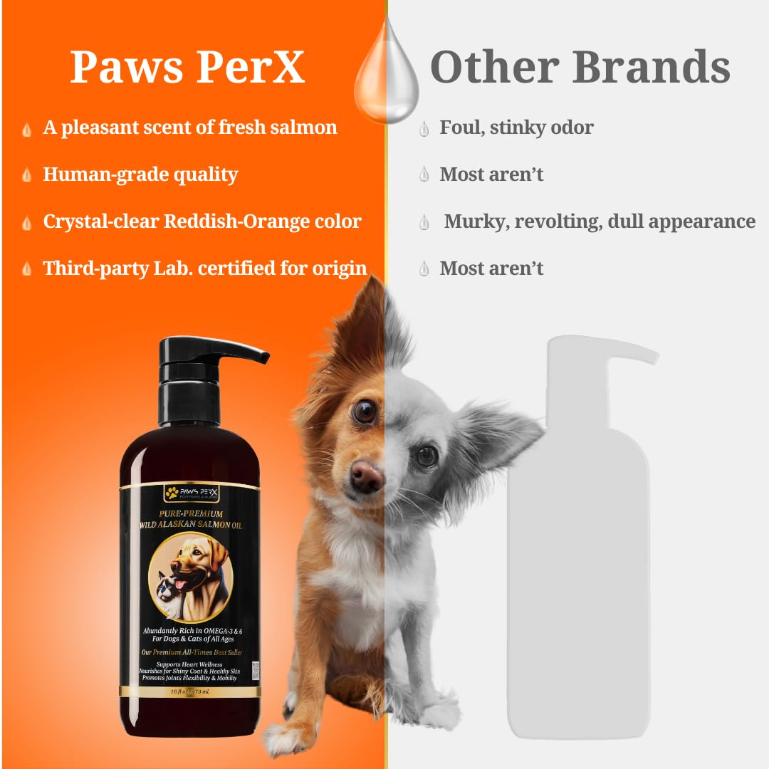 Paws PerX Premium-Pure Salmon Oil; Natural Caught Fish Oil for Dogs & Cats - Omega 3 Pet Supplement for Healthy Coat & Joints - Sustainably Sourced, Cold-Extracted, Human-Grade Quality 2x16 fl oz