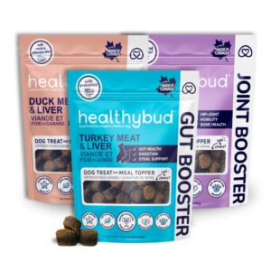 healthybud soft chew dog treats and food toppers 4.6oz (turkey gut support, beef joints booster, duck calming aid)