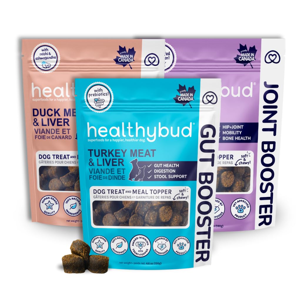 healthybud Soft Chew Dog Treats and Food Toppers 4.6oz (Turkey Gut Support, Beef Joints Booster, Duck Calming Aid)