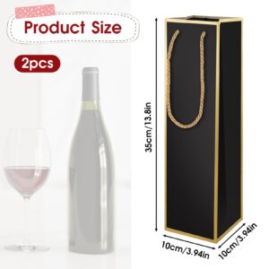 Wine Gift Bags 2 PCS Luxury Wine Bottle Gift Bags, 4"X4"X13.8" Reusable Liquor Bags with Gold Foil Print, Gold Foil Black Wine Bags for Party Wedding Party Anniversary Champagne Wine Bags with Handles