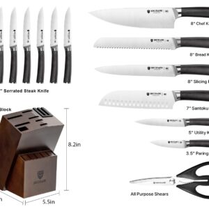 BRODARK Kitchen Knife Set, Ultra Sharp 15 Pcs Knife Set with Block, Full Tang Chef Knife Set, High Carbon Stainless Steel Knife Block Set with Sharpener, Wooden Handle