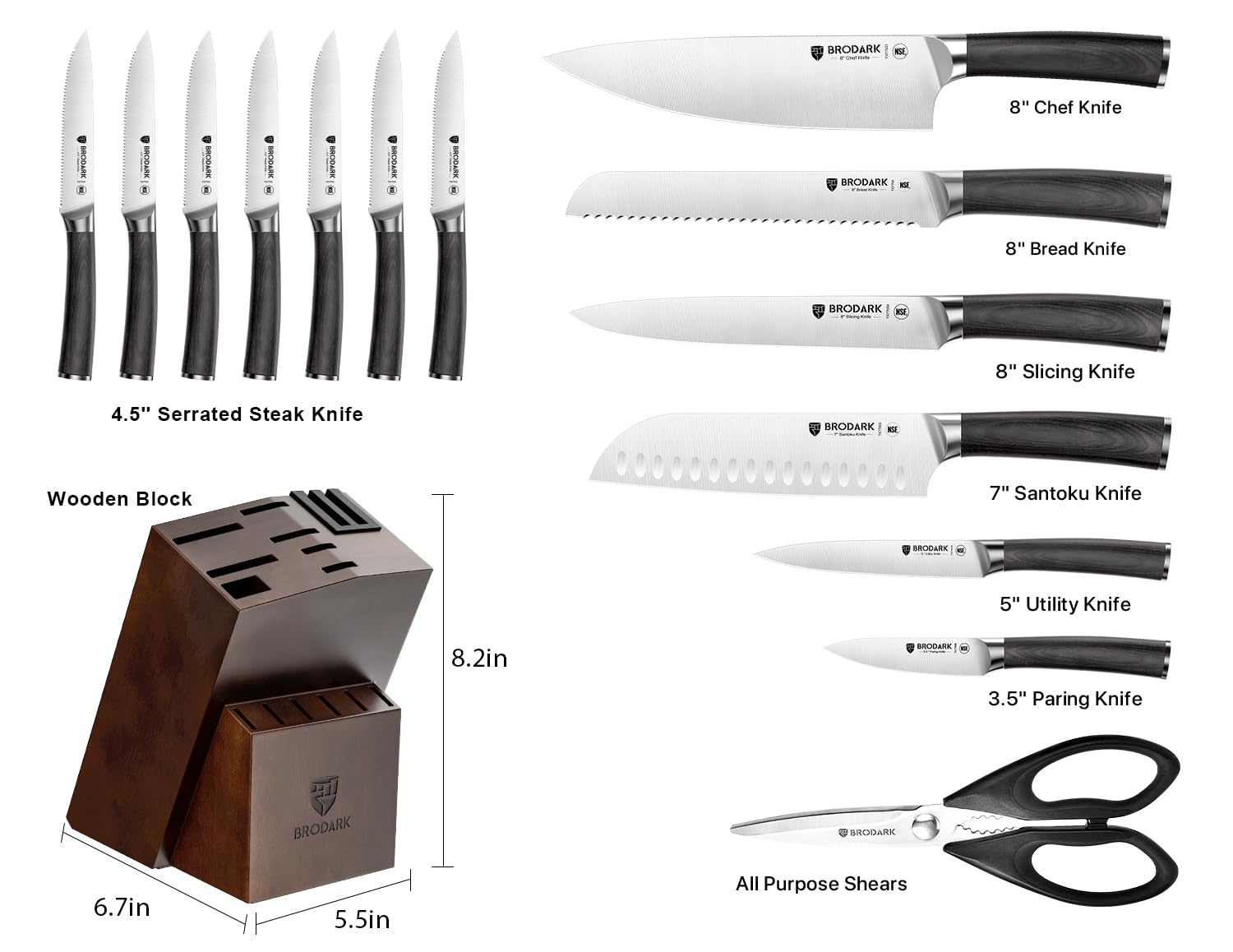 BRODARK Kitchen Knife Set, Ultra Sharp 15 Pcs Knife Set with Block, Full Tang Chef Knife Set, High Carbon Stainless Steel Knife Block Set with Sharpener, Wooden Handle