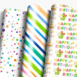 Isaspire Birthday Wrapping Paper Folder Set - 12 Sheets, 20x29 Inch Each, Adorned with Polka Dots, Stripes & 'Birthday' Charms for Boys, Girls, Women, Men, Ideal Gift Wrap for Holiday Birthday Party