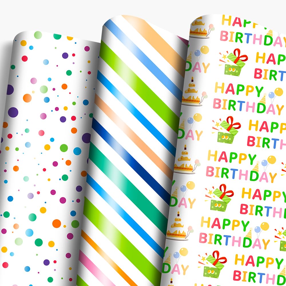 Isaspire Birthday Wrapping Paper Folder Set - 12 Sheets, 20x29 Inch Each, Adorned with Polka Dots, Stripes & 'Birthday' Charms for Boys, Girls, Women, Men, Ideal Gift Wrap for Holiday Birthday Party