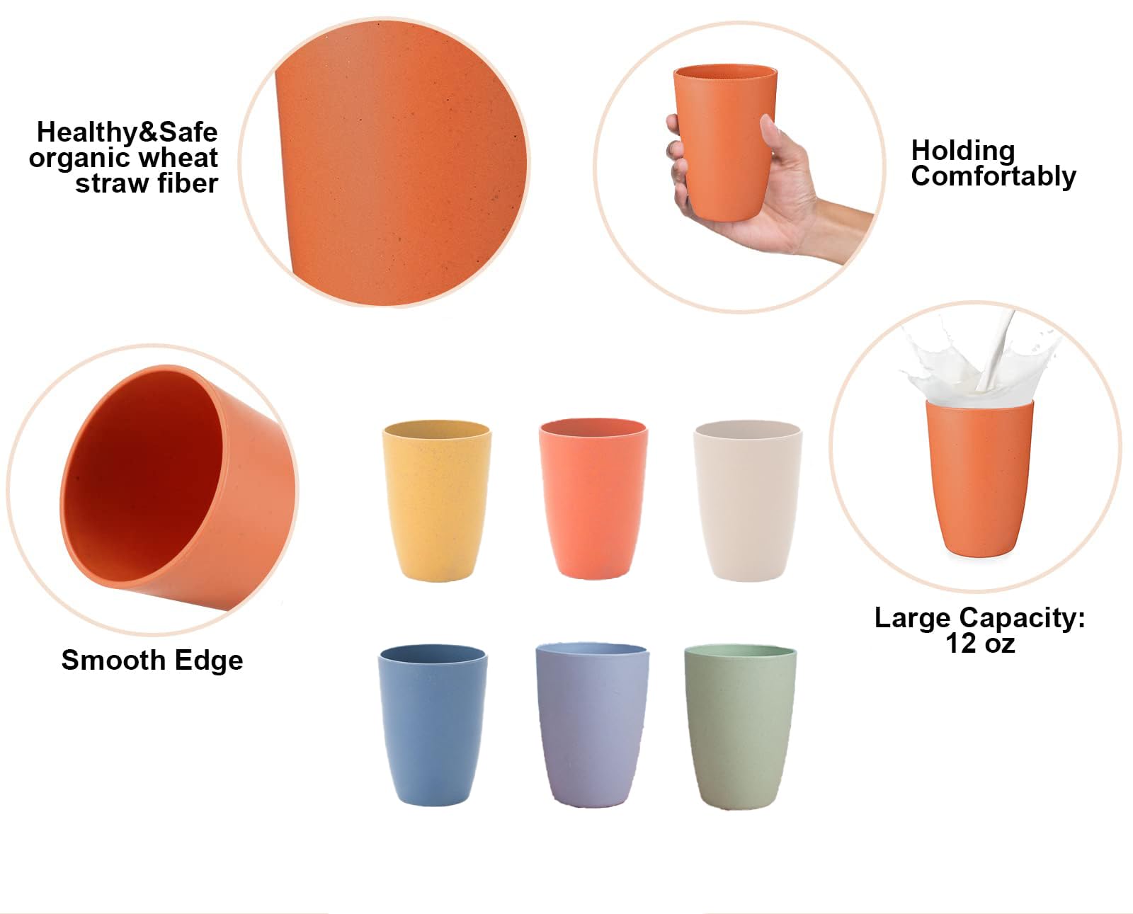 NIKKIER Wheat Straw Cups 6 PCS Unbreakable Drinking Cup Plastic Cups Reusable Dishwasher Safe Water Glasses (12 OZ)