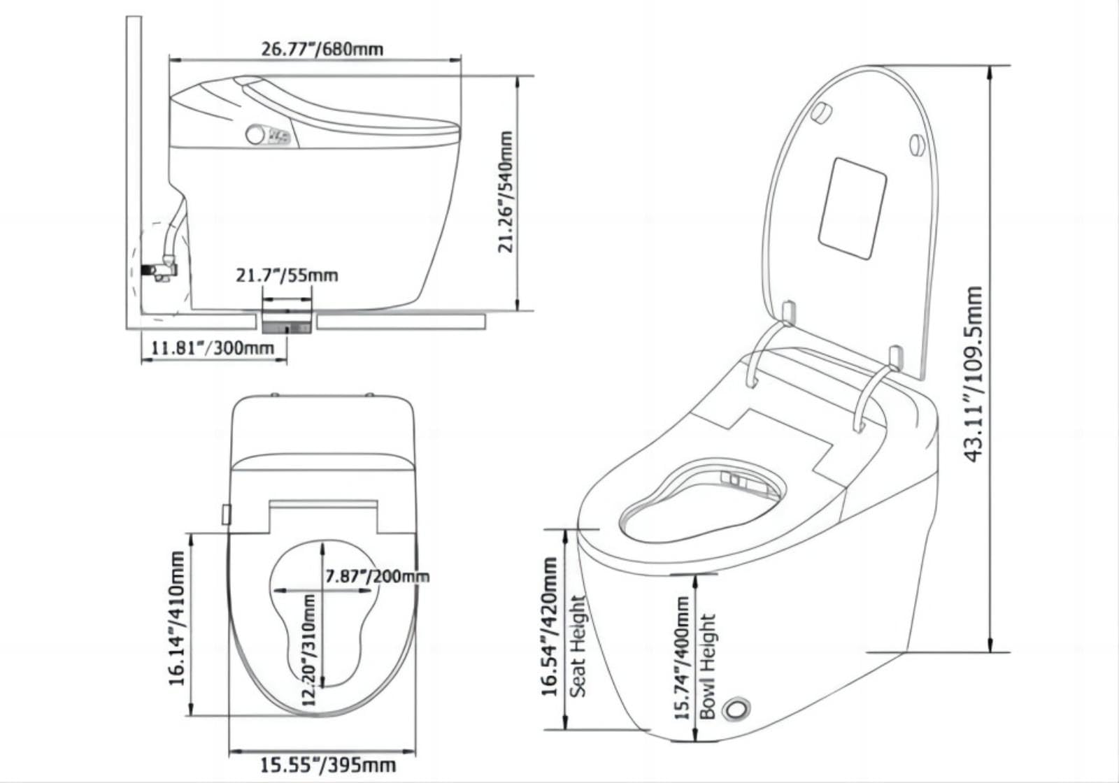 Homary Modern Smart Toilet One-Piece 1.27 GPF Floor Mounted Automatic Toilet Elongated Smart Toilet Bidet with Seat (White)