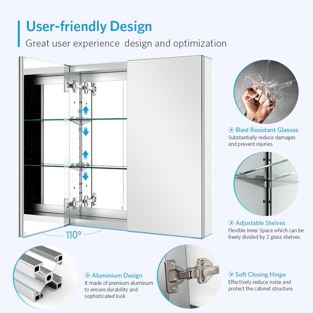 Quavikey Aluminum Medicine Cabinet with 2 Doors Recessed or Surface Mount Bathroom Mirror Cabinets 24x26 Inch, Silver