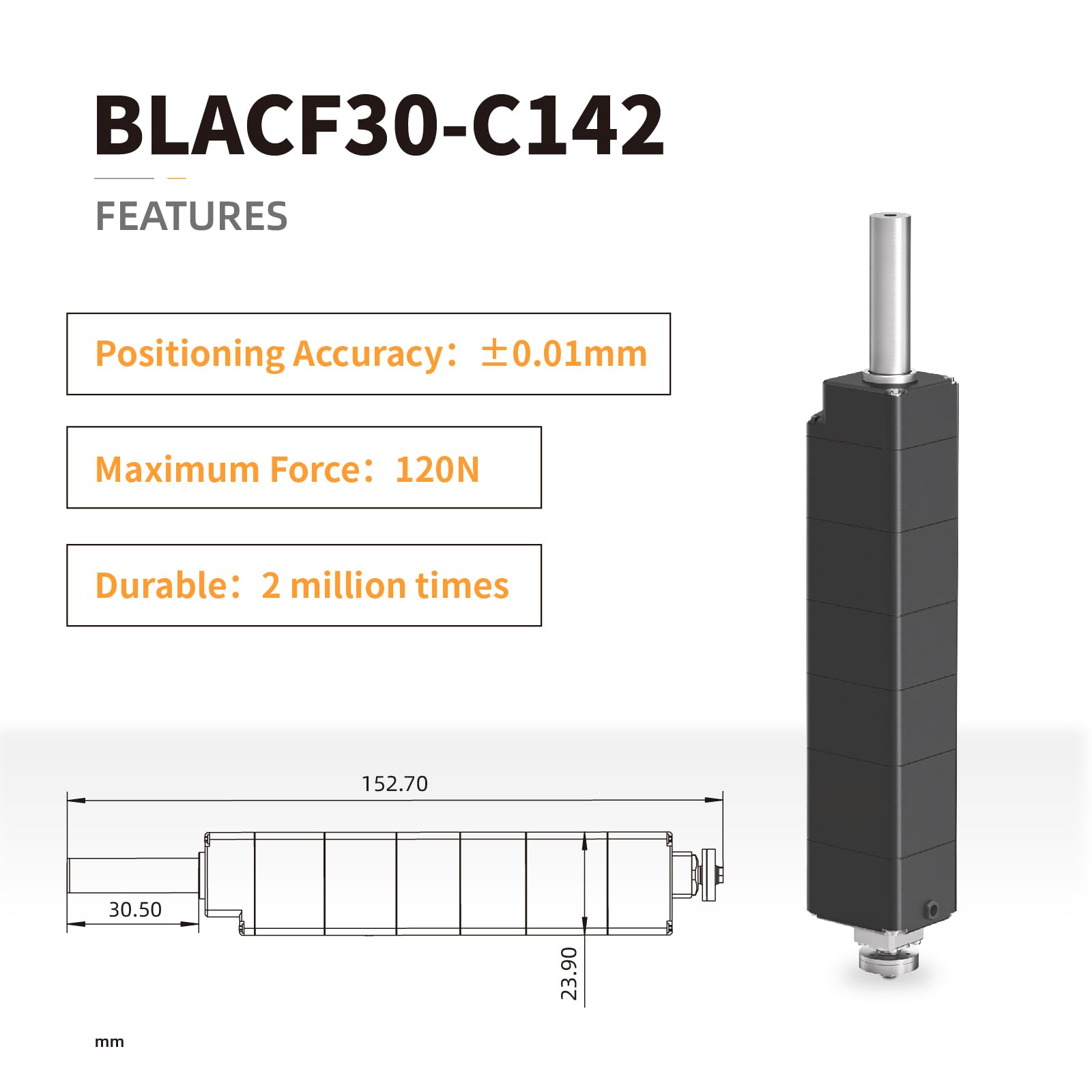 INSPIRE ROBOTS BLACF30-C142 Micro Linear Servo Actuator(27lbs,30mm) with Force Sensor,12V,0.01mm High Precision,Drive&Control Integrated-for Robotics,Industrial Automation,Biomedical Instrument