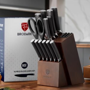 BRODARK Kitchen Knife Set, Ultra Sharp 15 Pcs Knife Set with Block, Full Tang Chef Knife Set, High Carbon Stainless Steel Knife Block Set with Sharpener, Wooden Handle