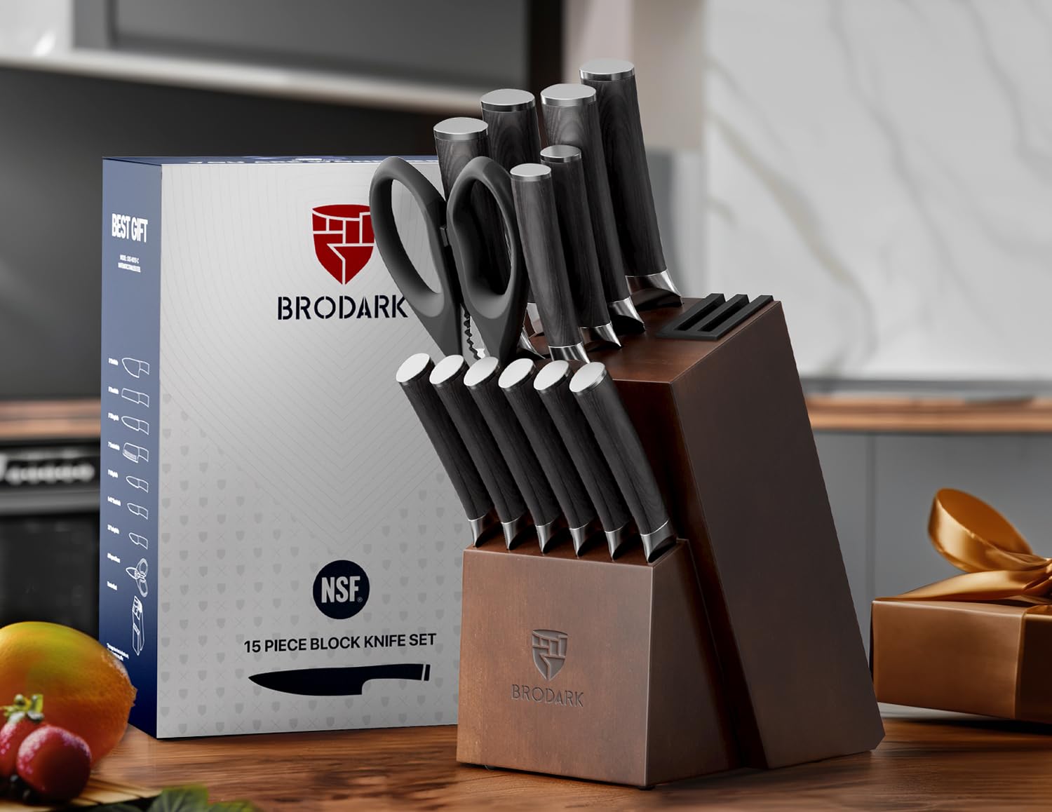 BRODARK Kitchen Knife Set, Ultra Sharp 15 Pcs Knife Set with Block, Full Tang Chef Knife Set, High Carbon Stainless Steel Knife Block Set with Sharpener, Wooden Handle