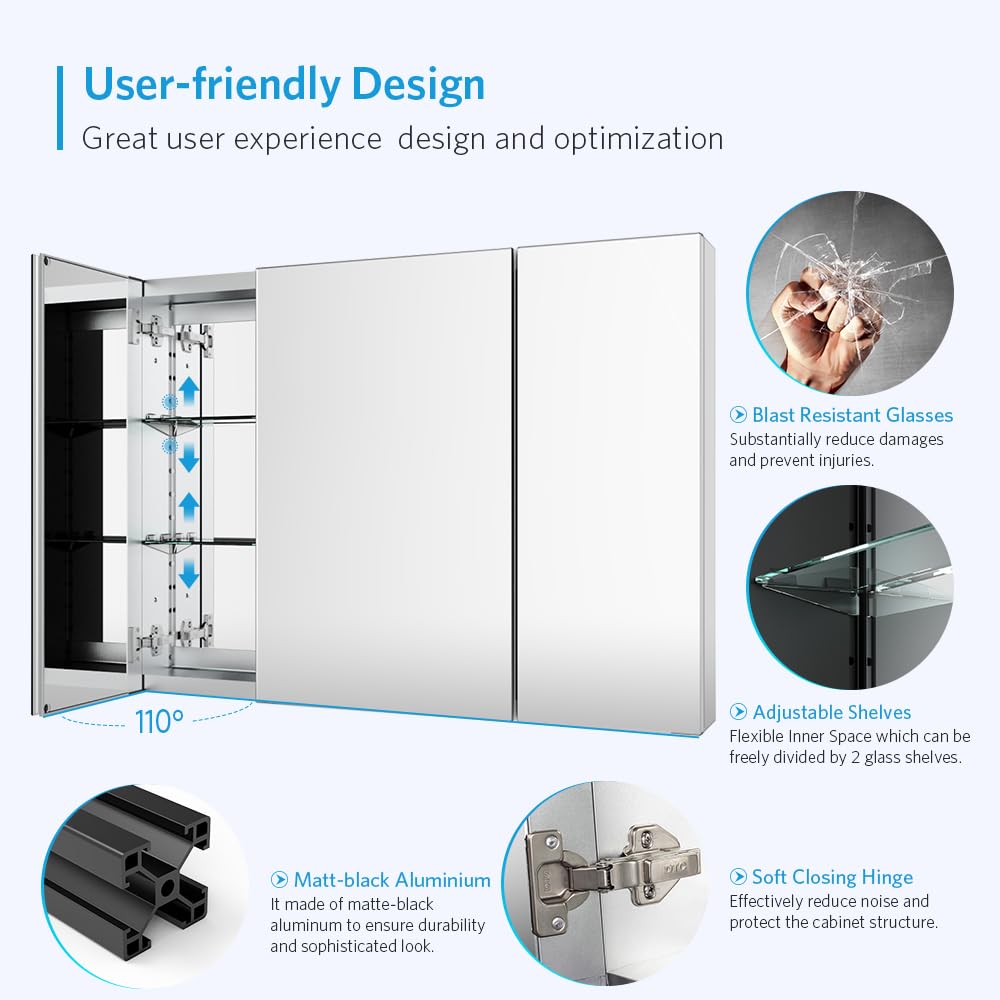 Quavikey Aluminum Medicine Cabinet with 3 Doors Recessed or Surface Mount Large Bathroom Mirror Cabinets 36x26 Inch, Silver