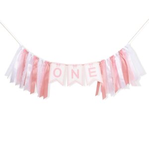 Pink Bow One High Chair Banner - One High Chair Bow Banner,Pink Bow Birthday Decoration,Pink Ribbon Girl 1st Birthday