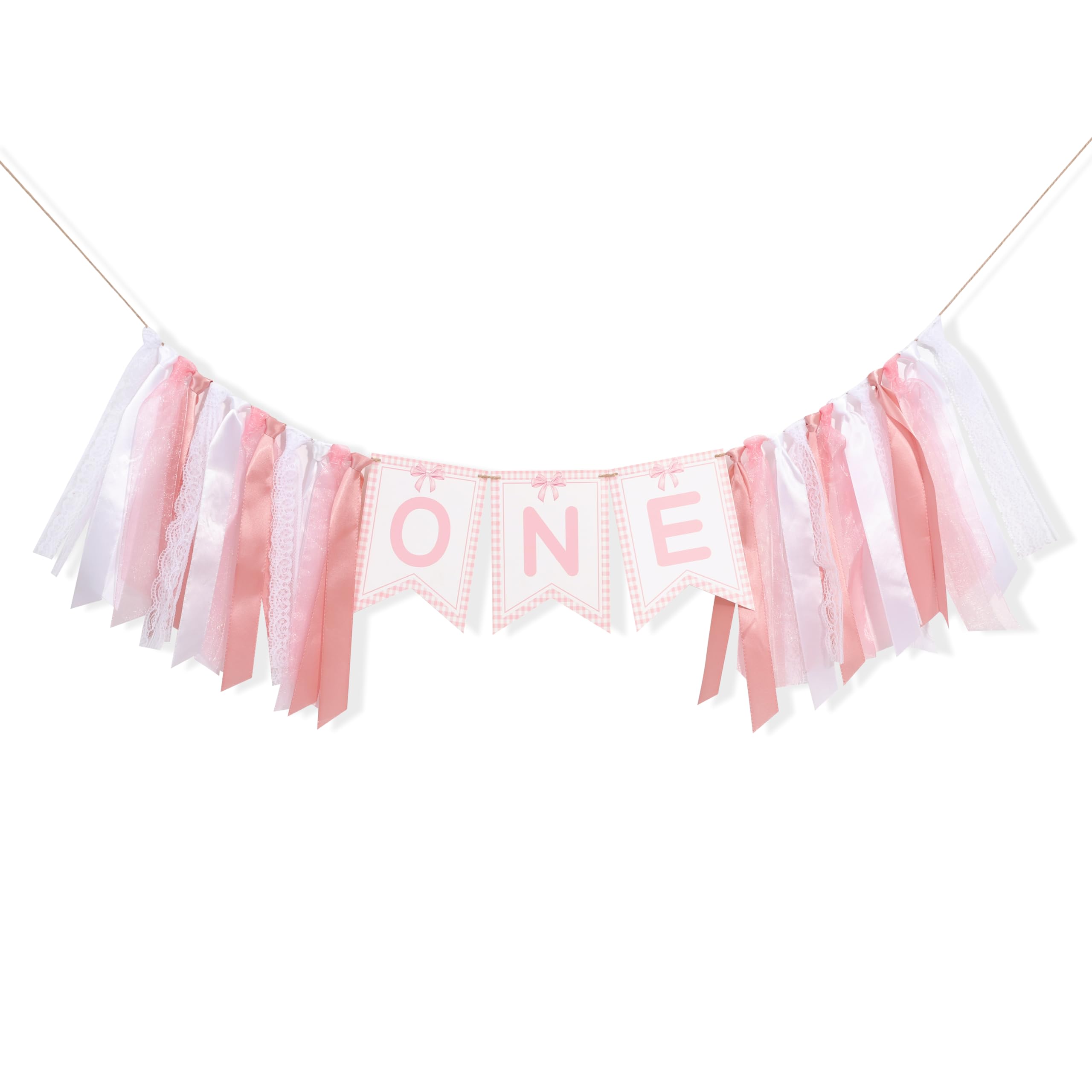 Pink Bow One High Chair Banner - One High Chair Bow Banner,Pink Bow Birthday Decoration,Pink Ribbon Girl 1st Birthday