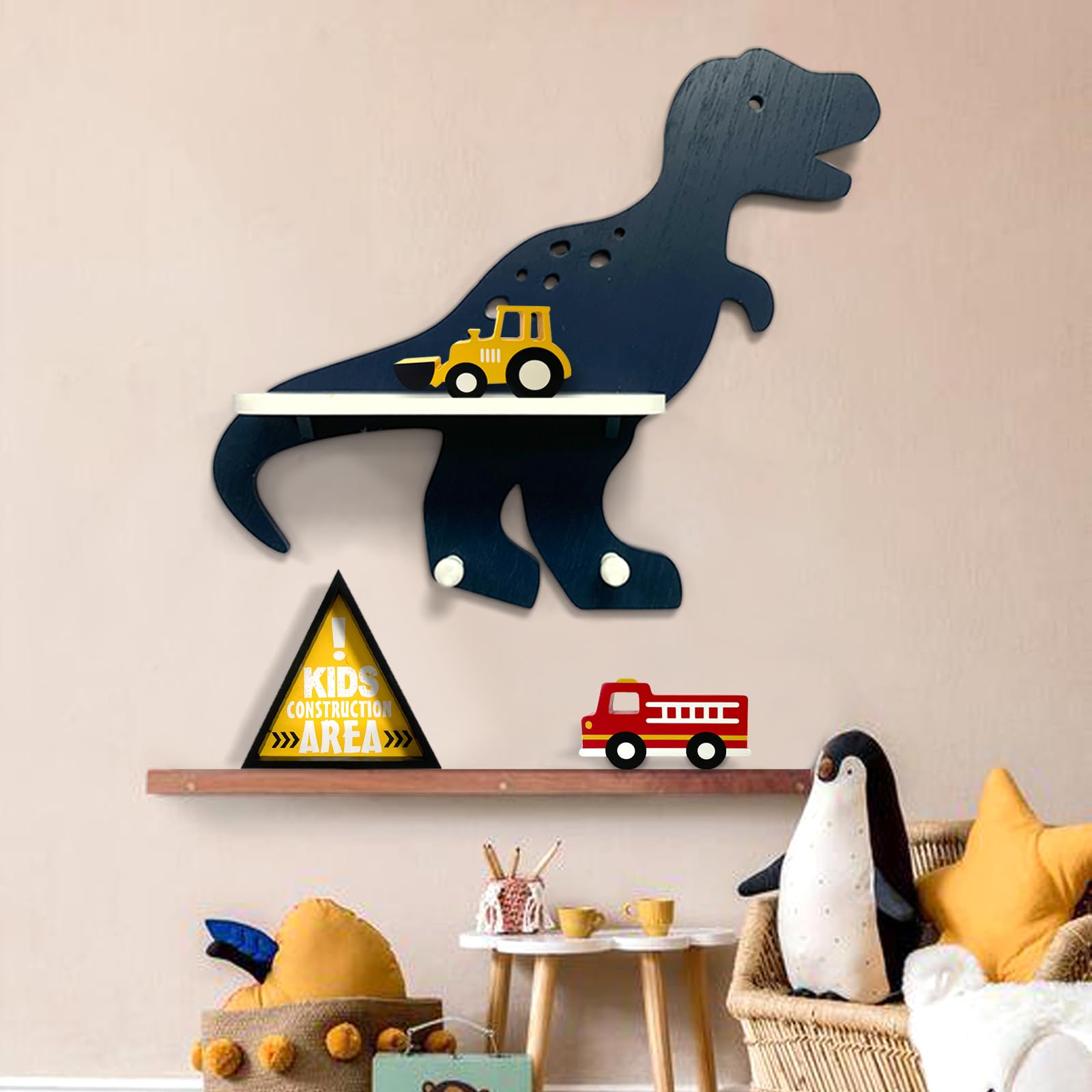 Dinosaur Wooden Wall Shelf Parlor Boudior Children's Decorative Dinosaur Wall Shelf with Hanging Pegs