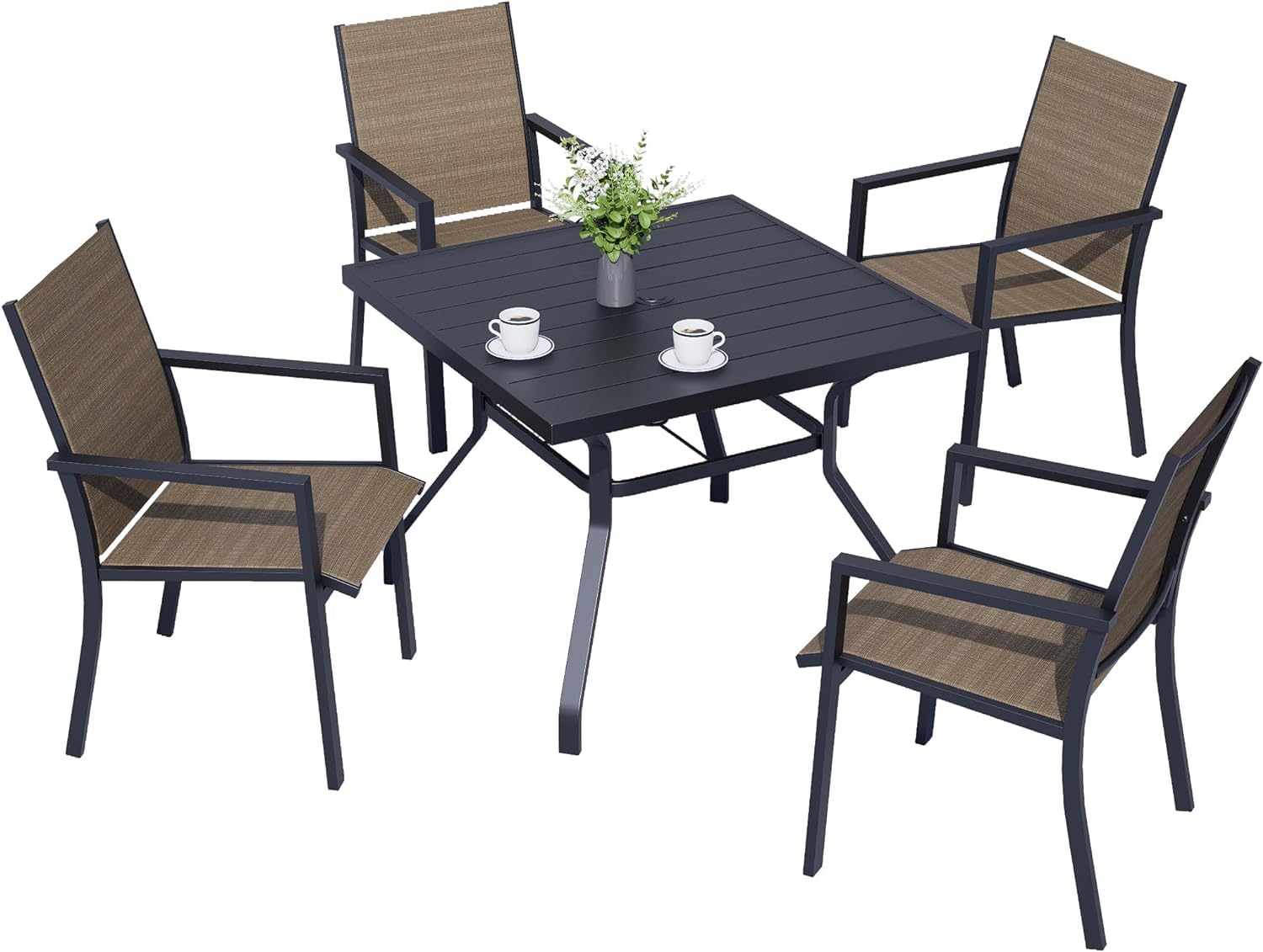 Anmutig 5 Piece Outdoor Patio Dining Set, 4 Textilene Chairs & 1 Square Dining Table for Backyard Front Porch Pool Deck Outdoor Furniture Set - Light Brown