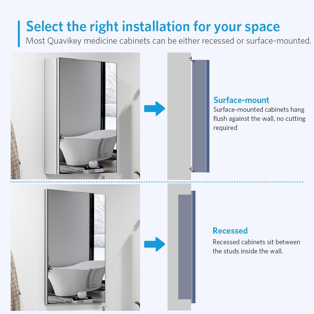 Quavikey Mirrored Medicine Cabinet with Aluminum Recessed or Surface Mount for Bathroom Storage 20x26 Inch, Silver