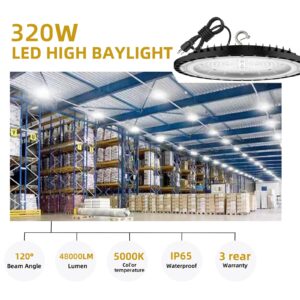 ROMMOR UFO LED High Bay Light 320W(1200W MH/HPS), 48000lm, 5000K Daylight High Bay LED Shop Lights with 5' Cable US Hook, IP65 Commercial Light Fixture for Warehouse Workshop Barn Factory