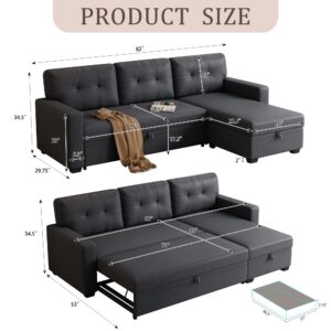 Acosure 82" Sectional Sleeper Sofa with Storage Chaise & Pull-Out Bed,L-Shape Convertible 3 Seater Couch W/Tufted Backrest,Reversible Sleeper for Living Room Apartment Office,Dark Gray