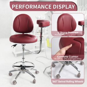 Viviange Ergonomic Dental Saddle Stool - Adjustable Rolling Dentist Chair with Back Support for Hygienists, Assistants - Medical Office & Salon Use -Red