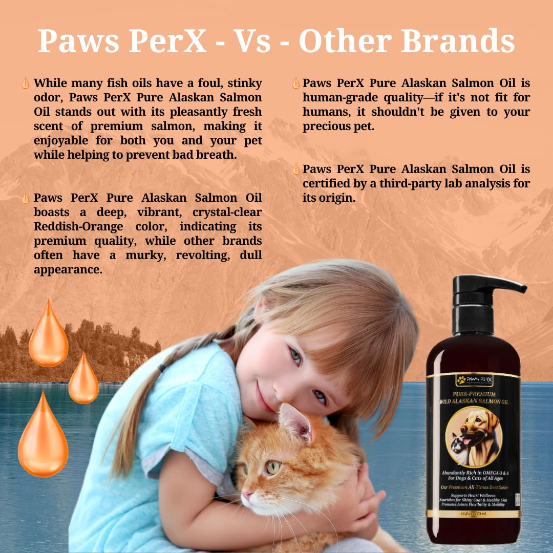 Paws PerX, Human Grade, Naturally Caught, Pure-Premium Wild Alaskan Salmon Oil for Dogs & Cats; Rich in Omega-3 EPA and DHA Fatty Acids; (One, 16 fl oz Bottle)