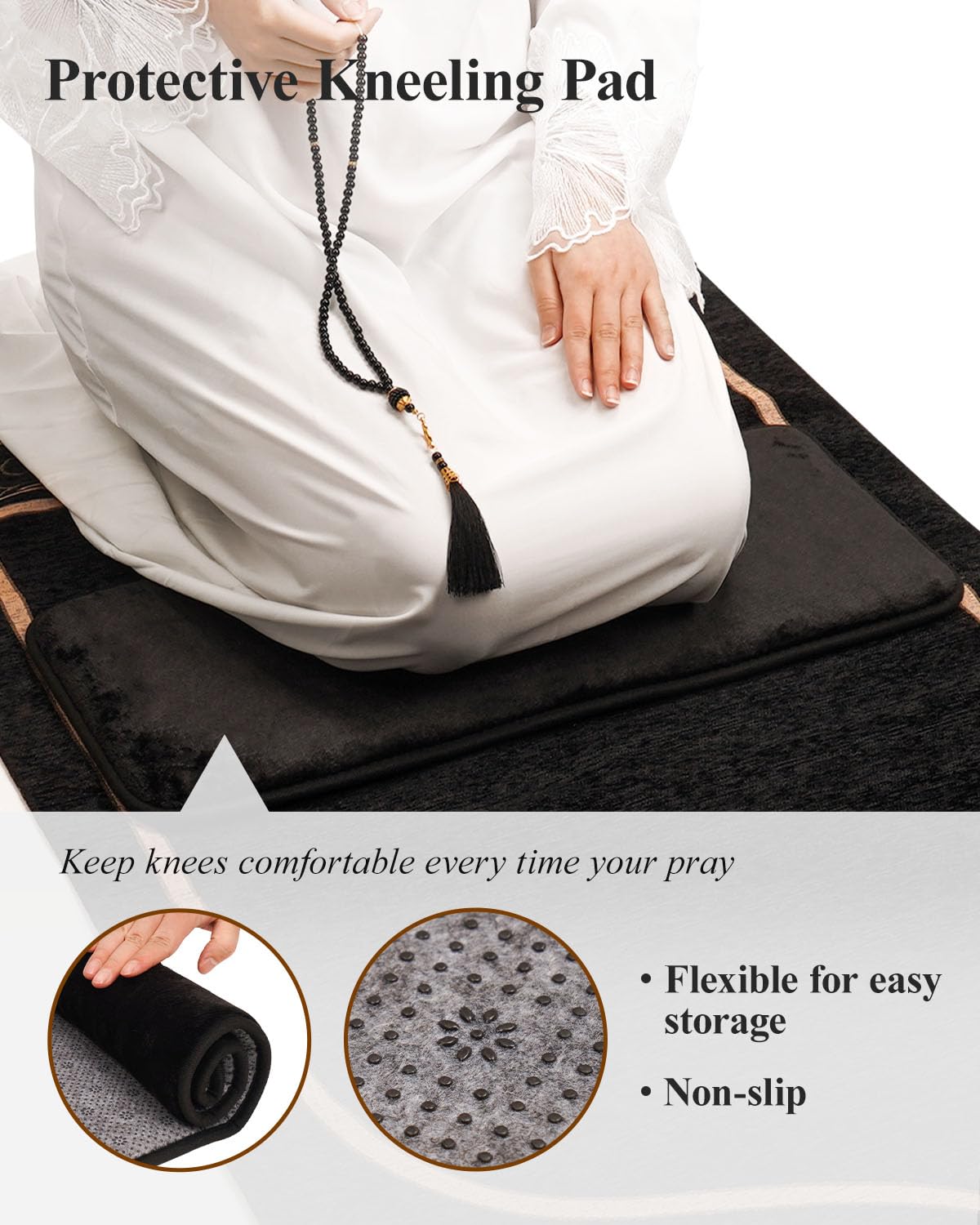 Morjor Prayer Mat with Soft Kneeling Pad and Prayer Beads, Muslim Prayer Rug Islam Men Women, Thin Praying Mat for Eid Travel Ramadan Gifts, Mihrab[Design A]