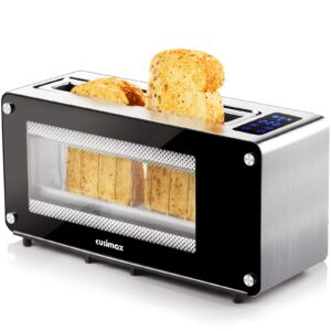 cusimax toaster 2 slice,toaster long slot with clear view glass window,one touch digital control presets with automatic lifting,slide-out glass panel and easy clean up crumb tray,black toaster