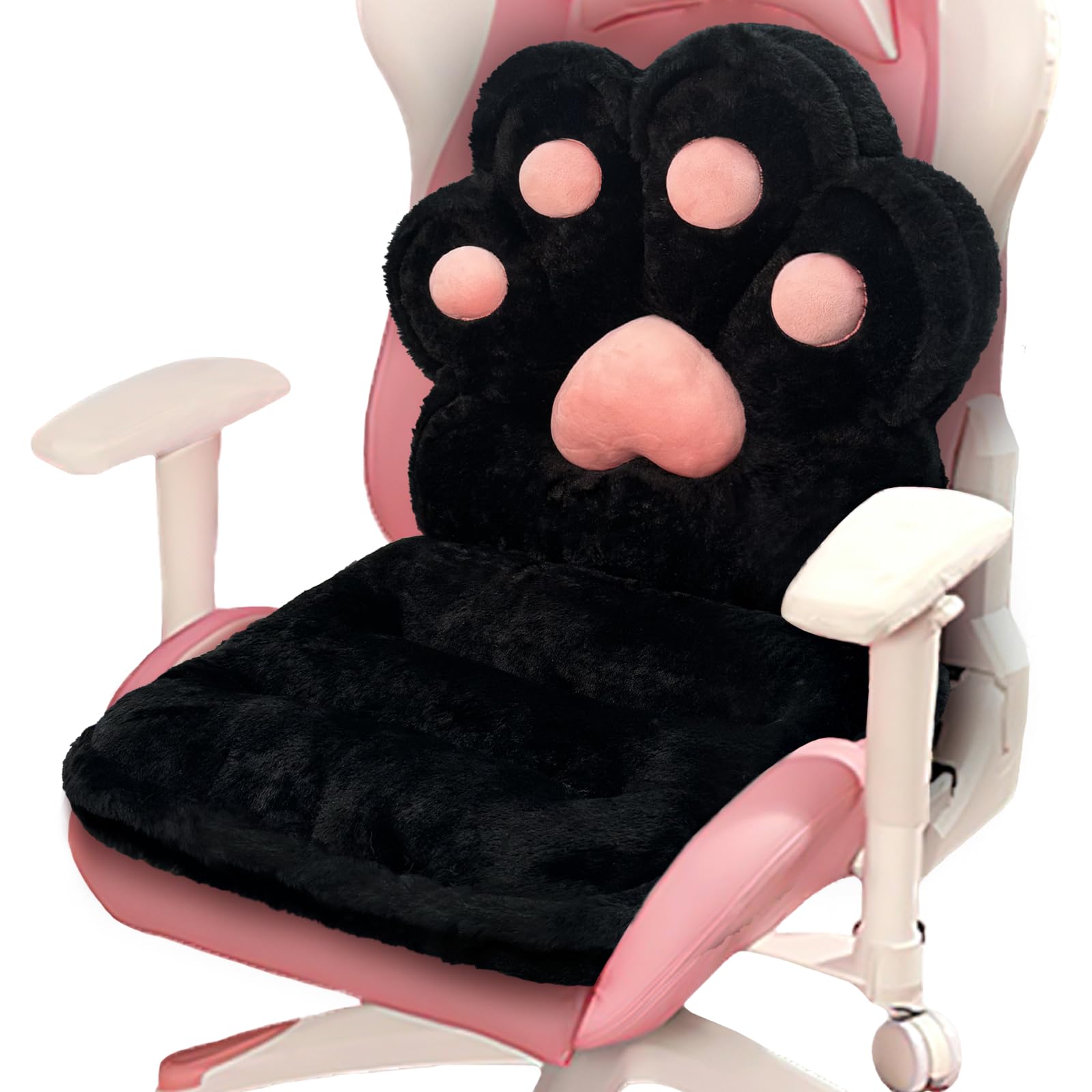 QIUODO L-Shape Cat Paw Cushion, Faux Rabbit Fur Gaming Chair Cushion Soft, Gaming Chair Pillow Kawaii Chair Cushions for Office Desk, Comfy Plush Seat Cushion for Room Decor（Black）